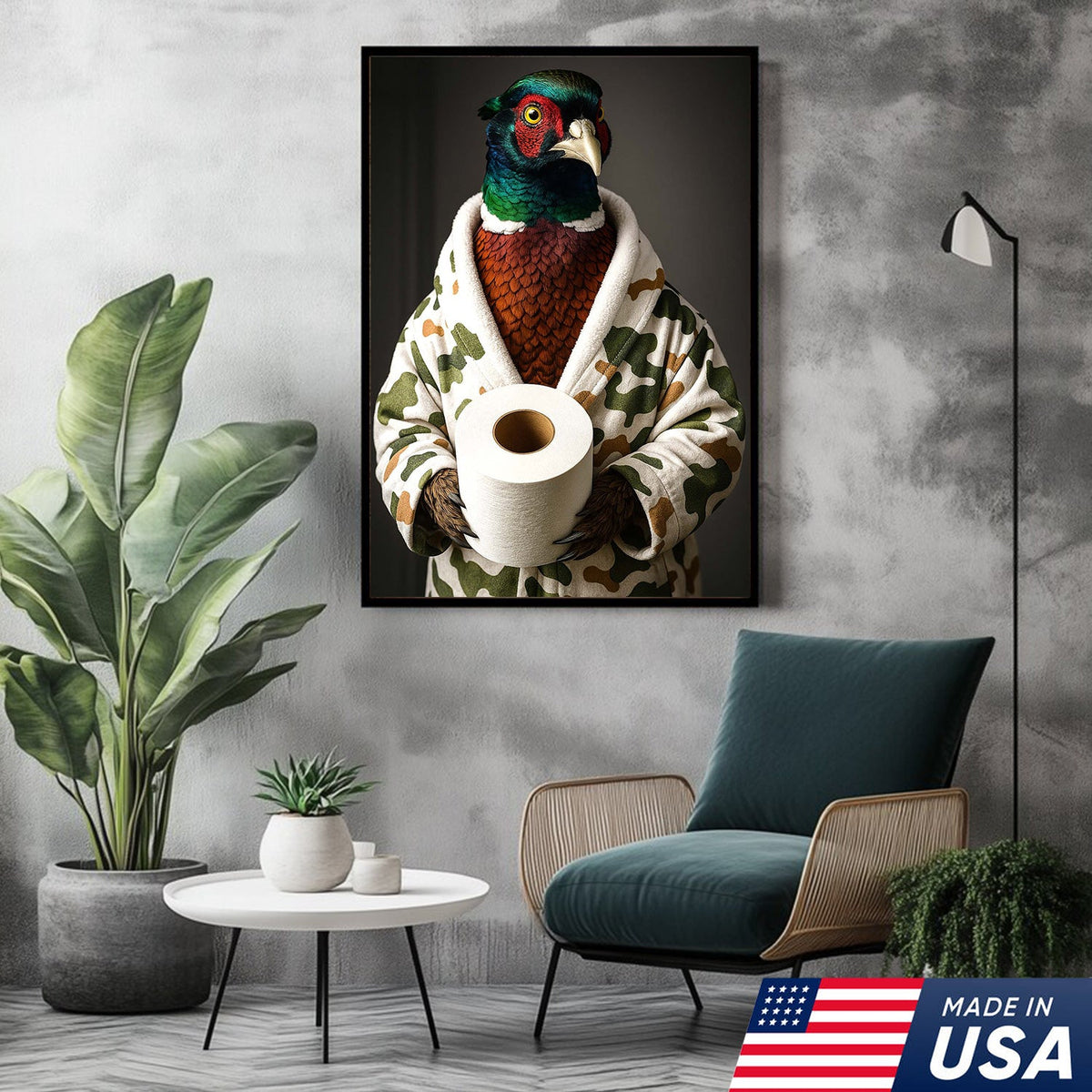 Funny Pheasant Bathroom Wall Art – Camo Robe Bird Holding Toilet Paper Print