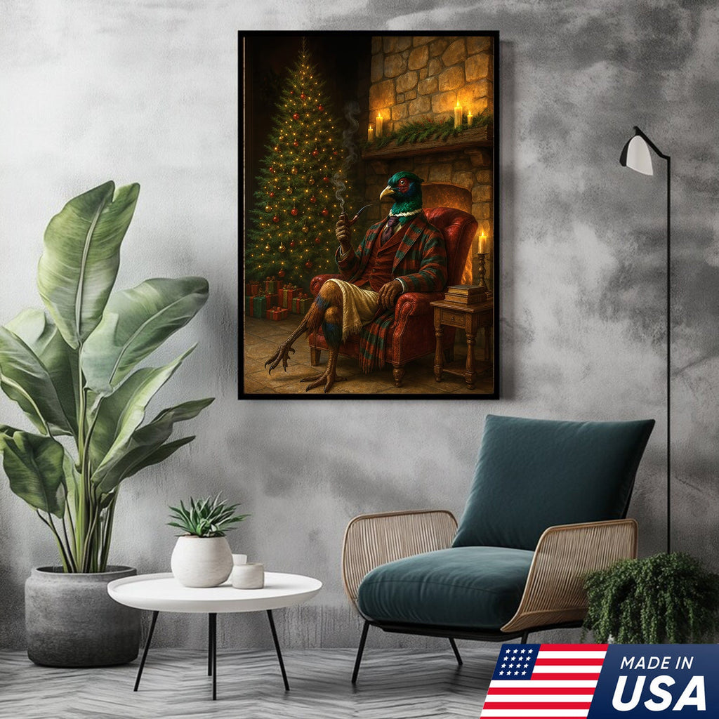 Holiday Pheasant Gentleman Canvas Wall Decor – Cozy Christmas Artwork for Cabin or Farmhouse