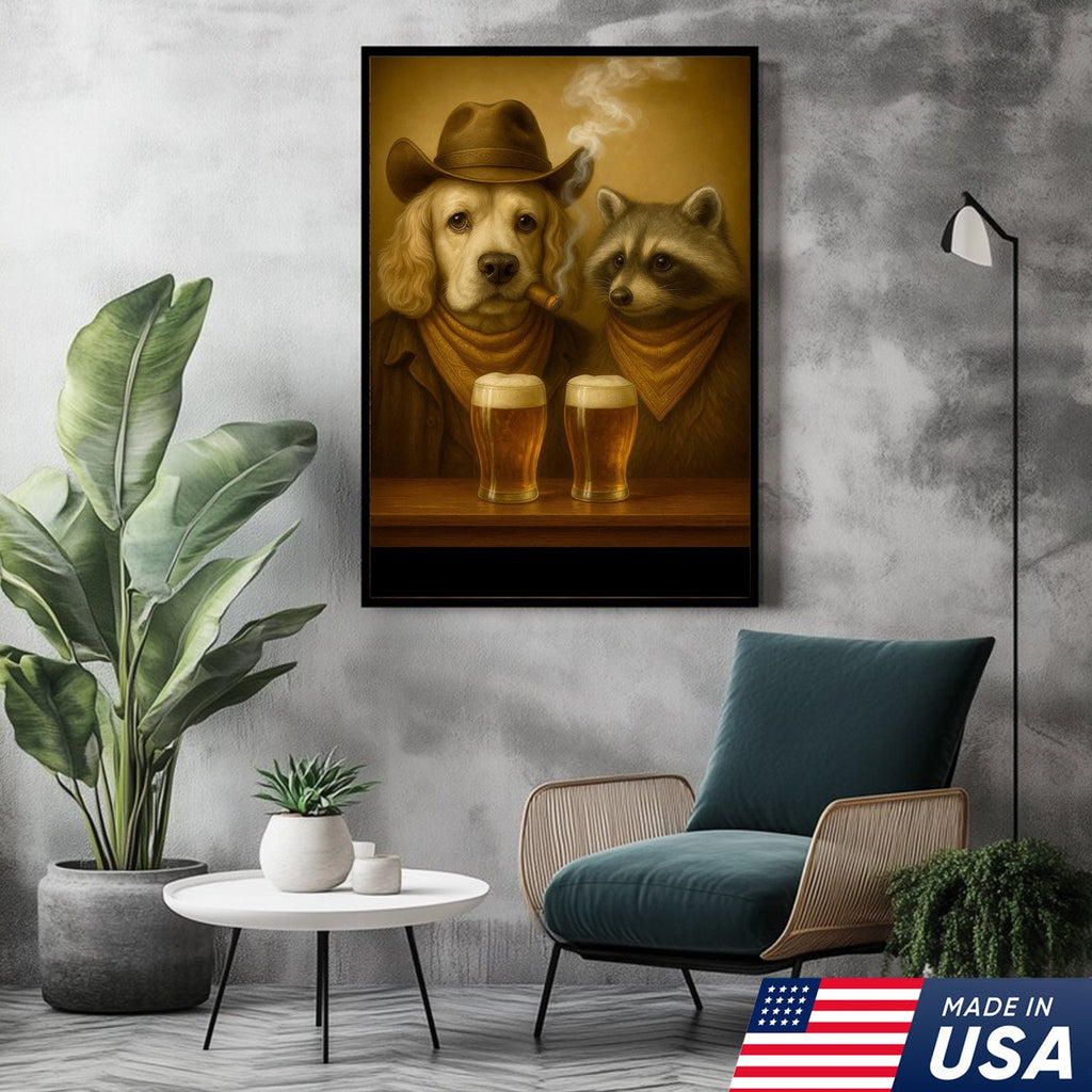 Funny Dog & Raccoon Bar Art – Cowboy Dog Smoking Cigar, Beer Buddies Wall Decor Gift for Men