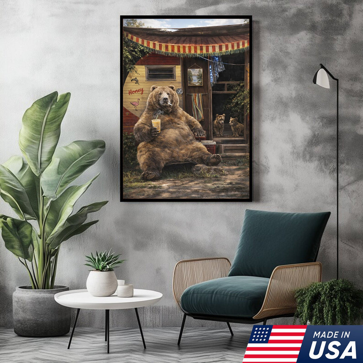 Funny Bear Camping Canvas, Rustic Cabin Wall Art, Wildlife Decor