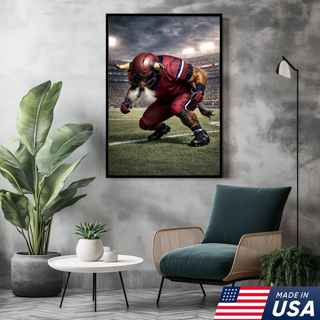 Fierce Bull Football Canvas Wall Art – Charging Horned Athlete Stadium Print