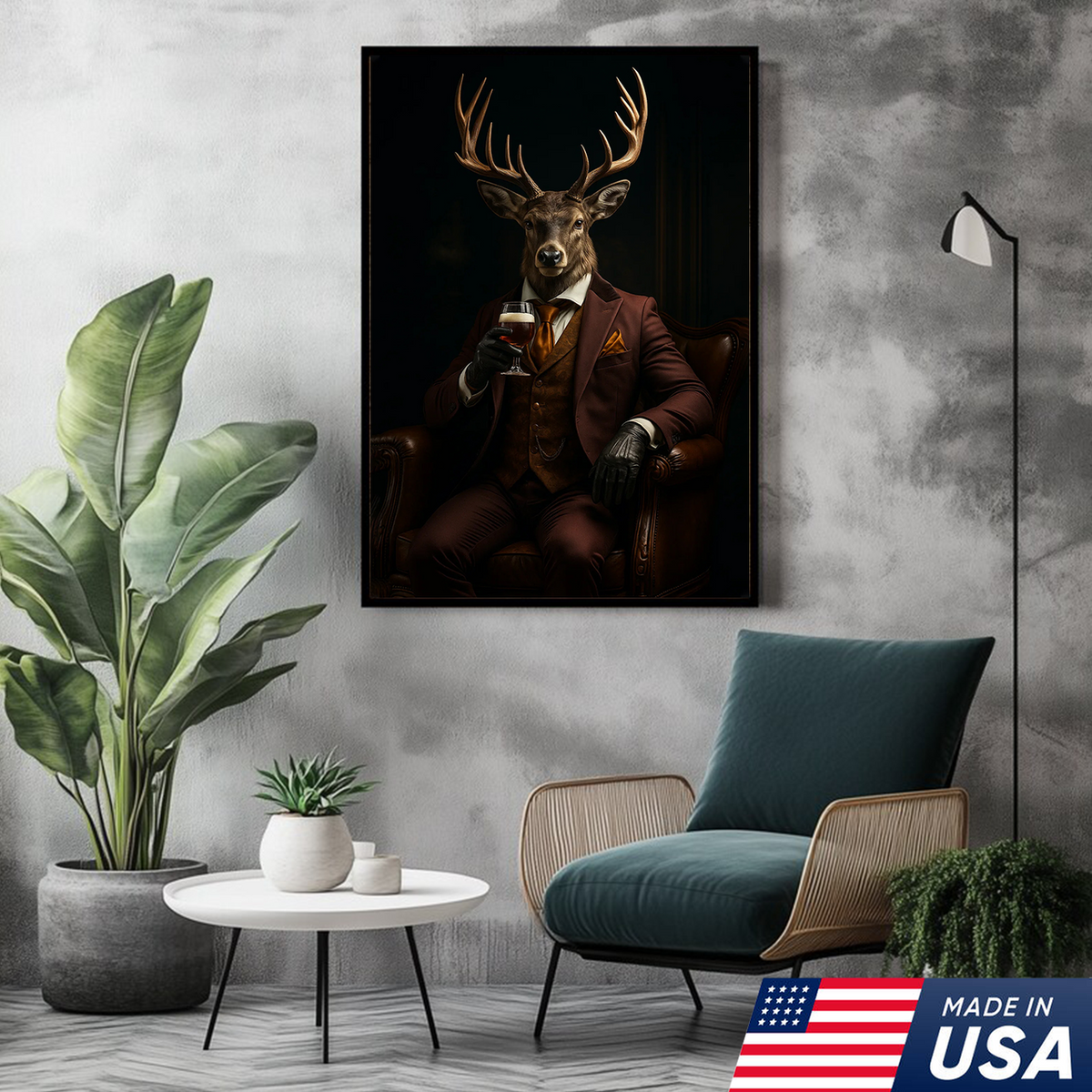 Deer Gentleman Canvas Wall Art – Rustic Lodge Decor, Anthropomorphic Buck in Suit