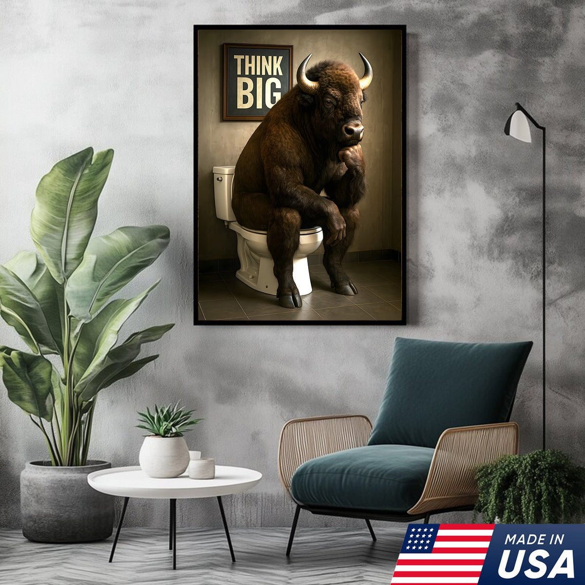 Funny Buffalo Bathroom Wall Art – Think Big Bison Canvas, Rustic Farmhouse Animal Decor