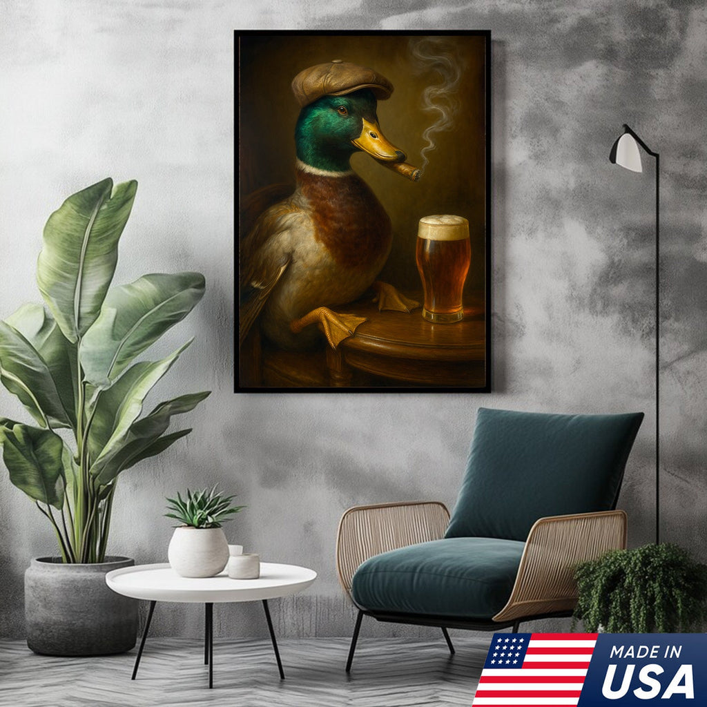 Mallard Duck Gentle Beer Smoking Canvas – Funny Rustic Wall Art for Hunters, Cabin, Bar & Man Cave