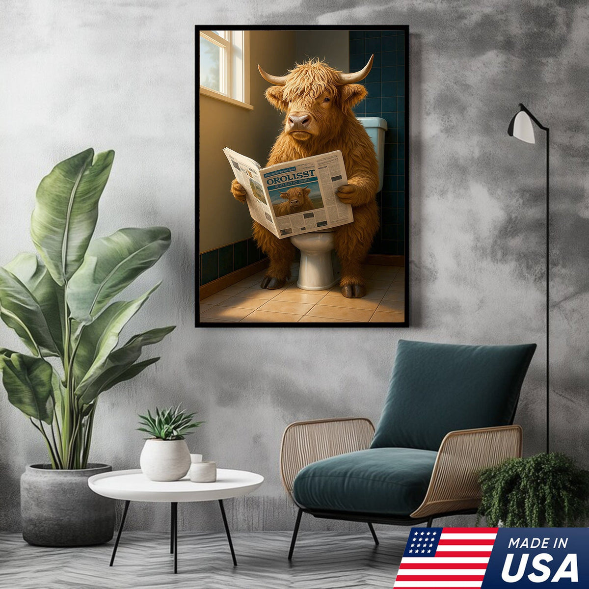 Highland Cow Bathroom Canvas Wall Art, Funny Farmhouse Restroom Decor