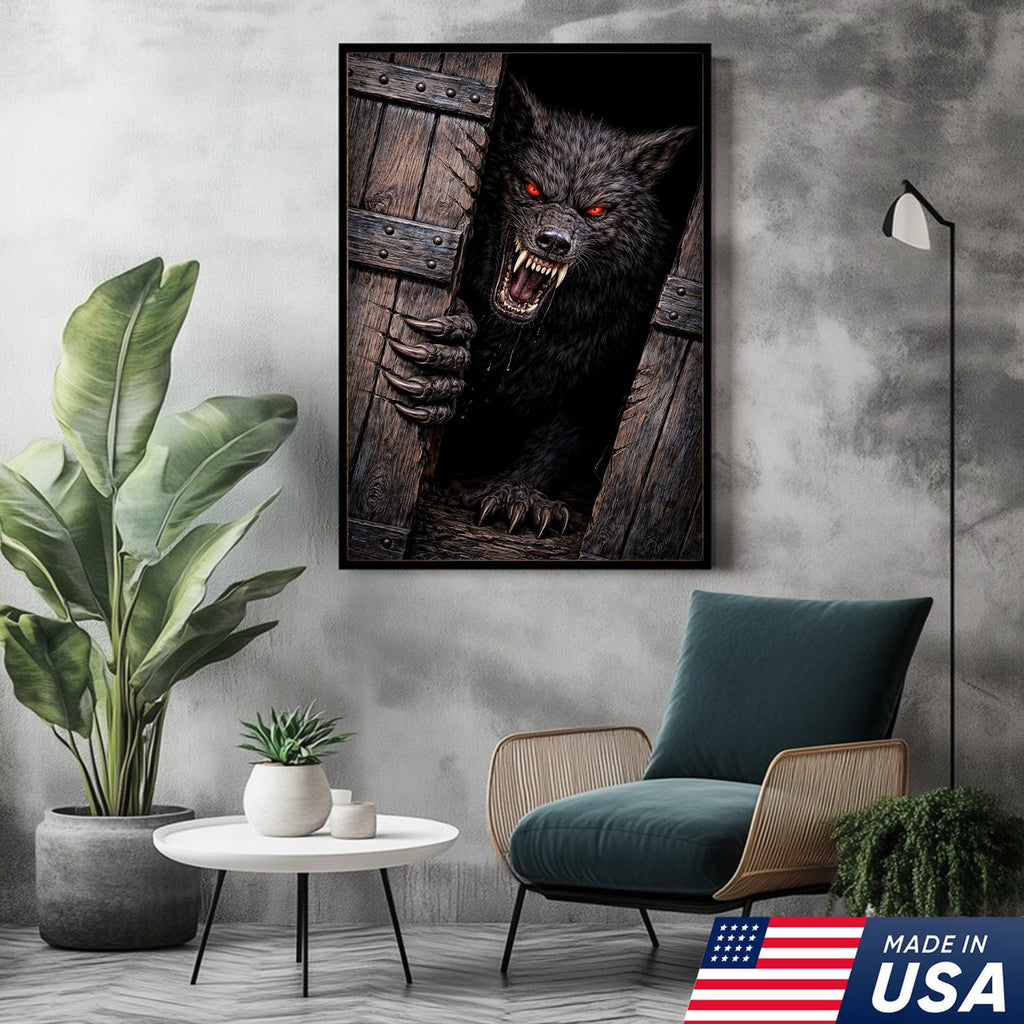 Angry Red Eyes Werewolf Canvas Wall Art, Dark Horror Wolf Monster Illustration