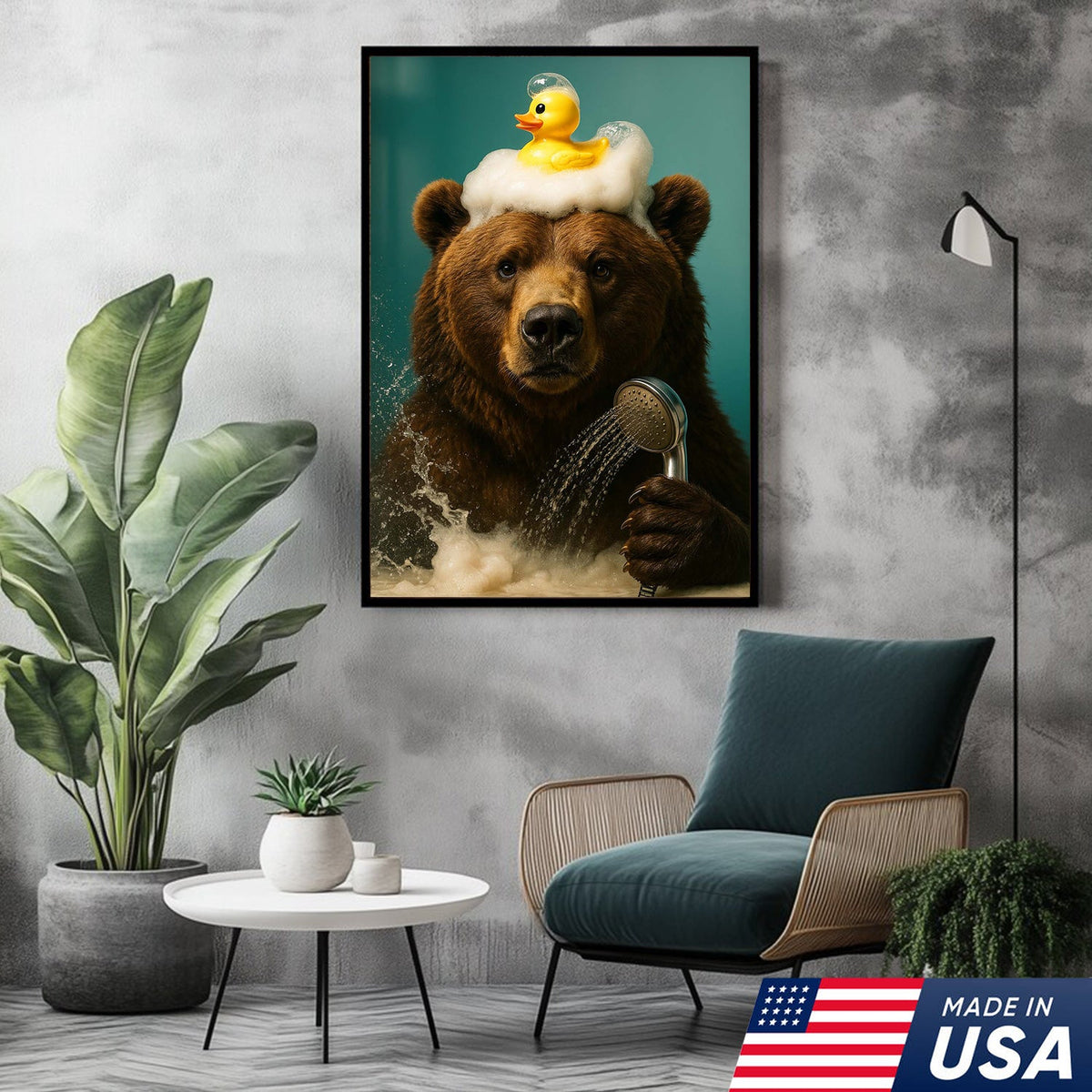 Funny Bear Bathroom Wall Art Canvas – Cute Bear Bubble Bath with Rubber Duck