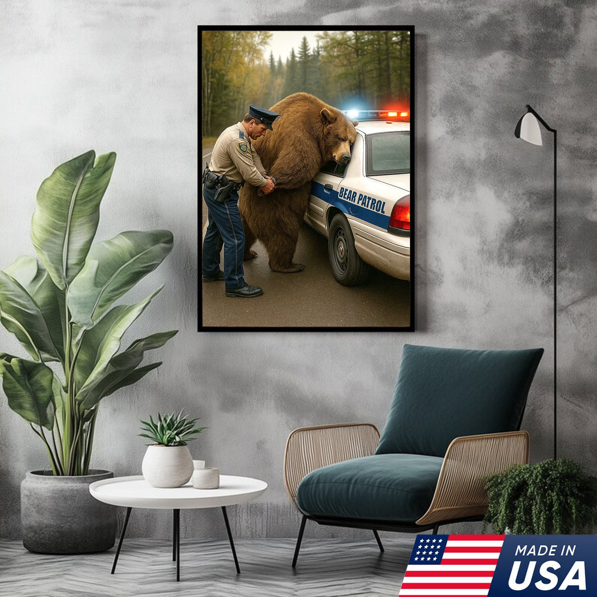 Funny Bear Patrol Canvas Wall Art, Humorous Wildlife Police Artwork, Rustic Cabin Decor