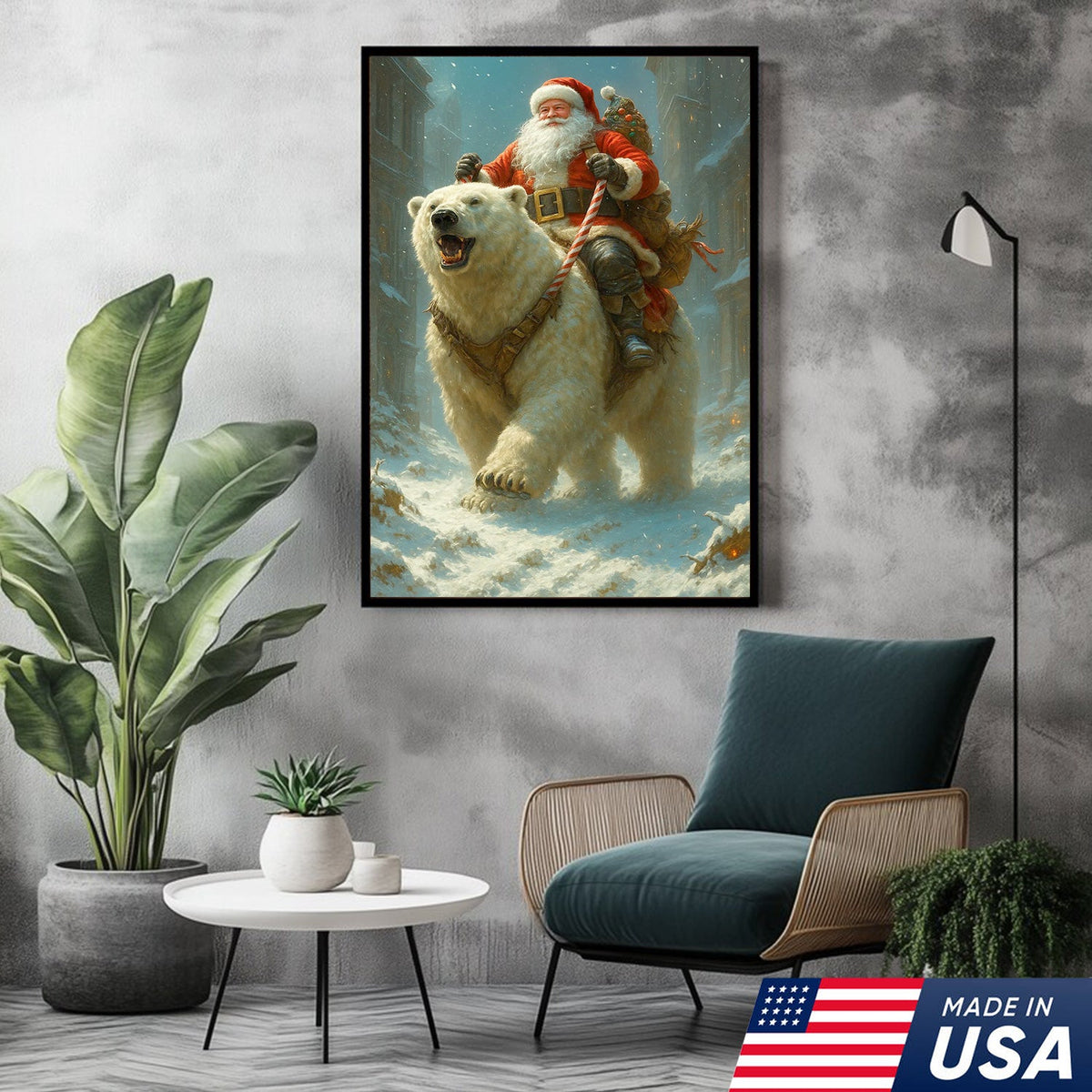 Santa Riding Polar Bear Canvas Wall Art, Epic Christmas Adventure Santa Print