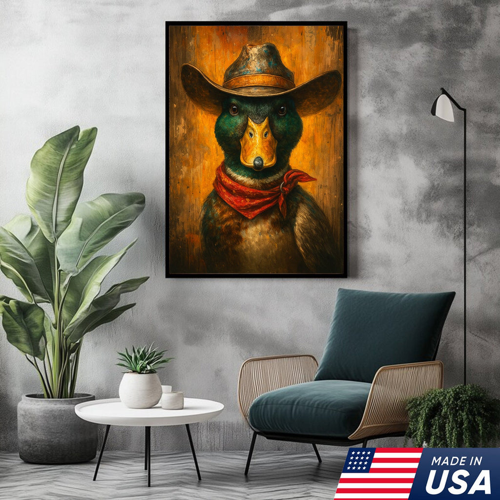 Cowboy Duck Portrait Canvas – Rustic Western Wall Art for Man Cave & Lodge Decor