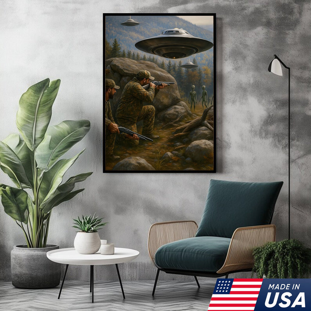Alien Encounter Hunting Canvas Wall Art, Funny Hunters vs UFO Scene