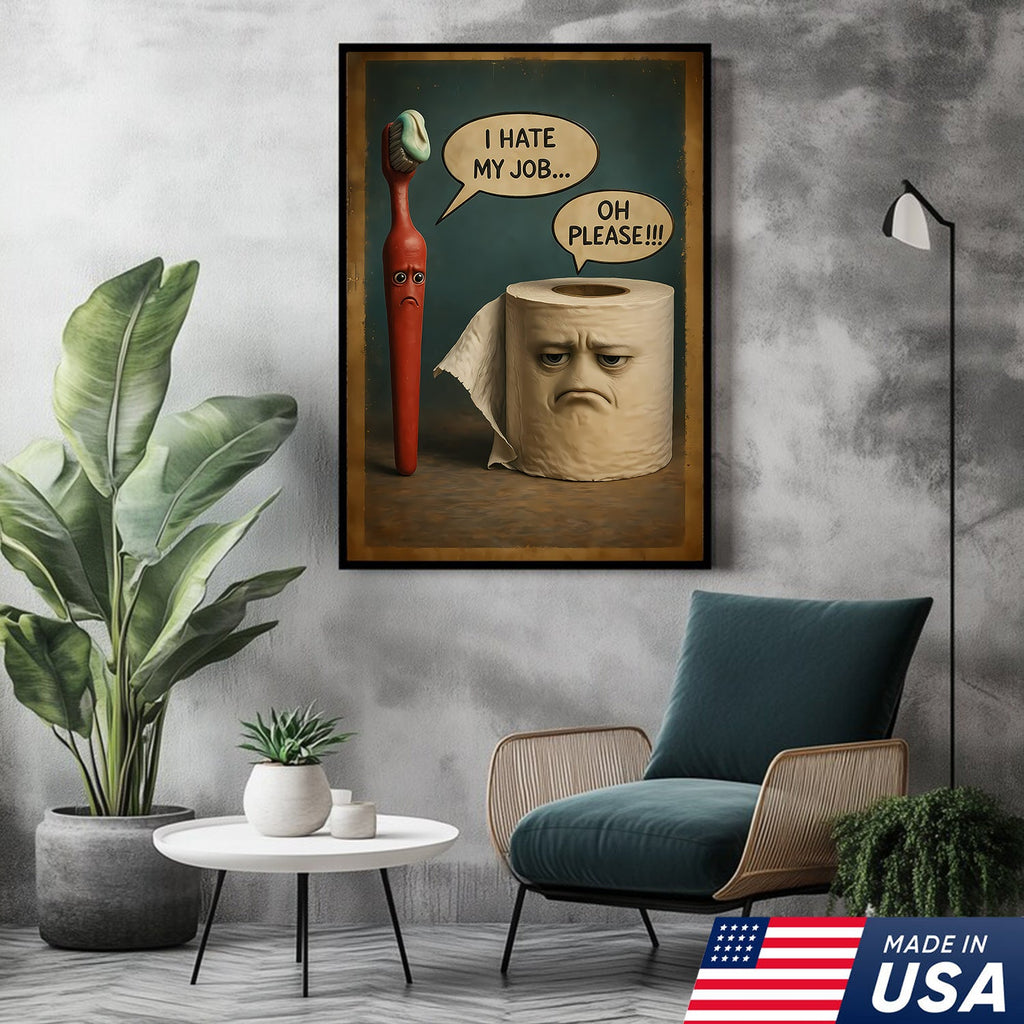 Funny Bathroom Humor Canvas Wall Art, Talking Toothbrush and Toilet Paper Print