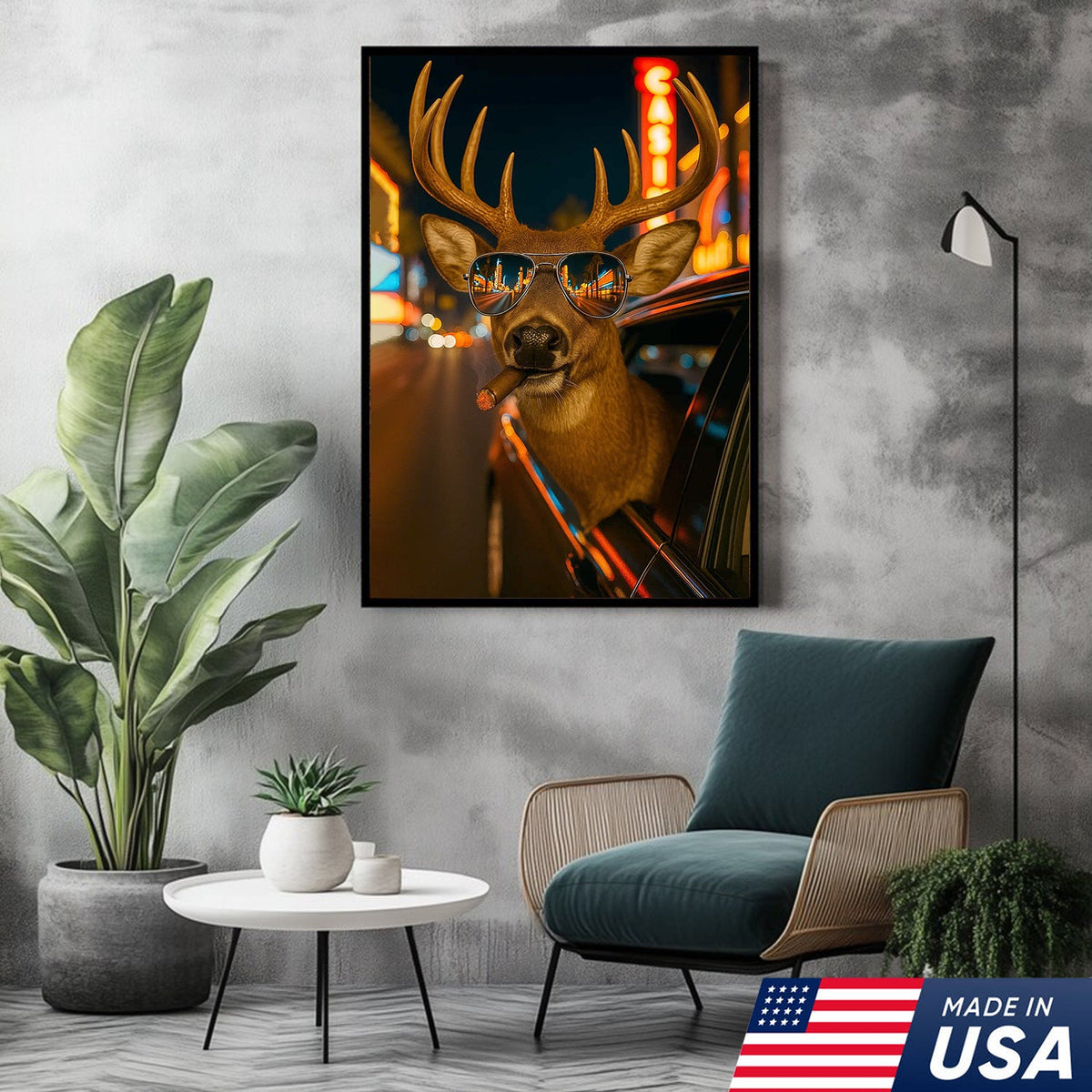 Cool Deer Canvas Wall Art - Funny Rustic Lodge Decor with Sunglasses and Night City Vibes
