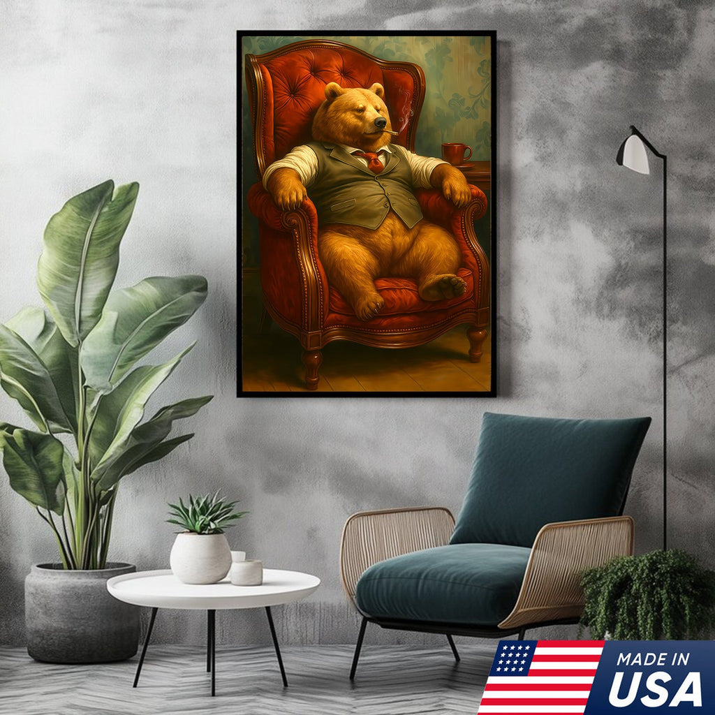 Gentleman Bear Sitting in Chair Canvas Art – Funny Gift for Men Who Love Class & Chill Vibes