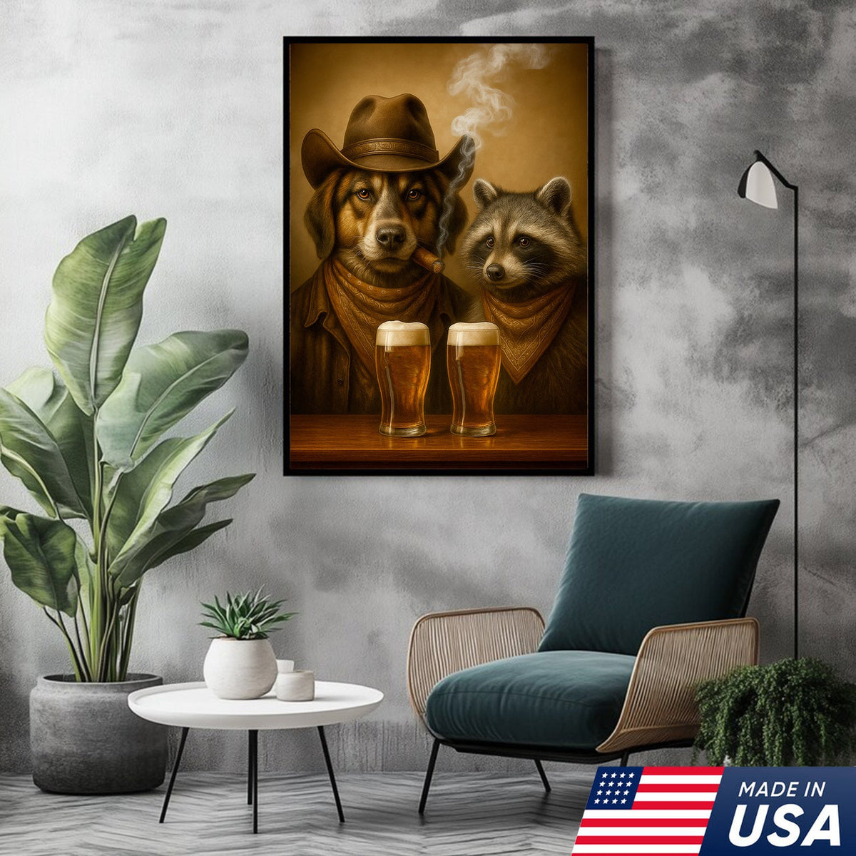 Funny Dog & Raccoon Cowboy Canvas Wall Art – Funny Western Beer Decor for Hunters