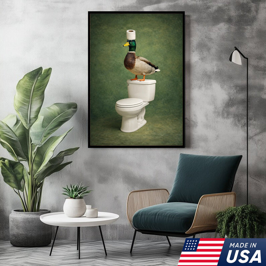 Funny Duck Bathroom Wall Art, Duck on Toilet Bathroom Canvas