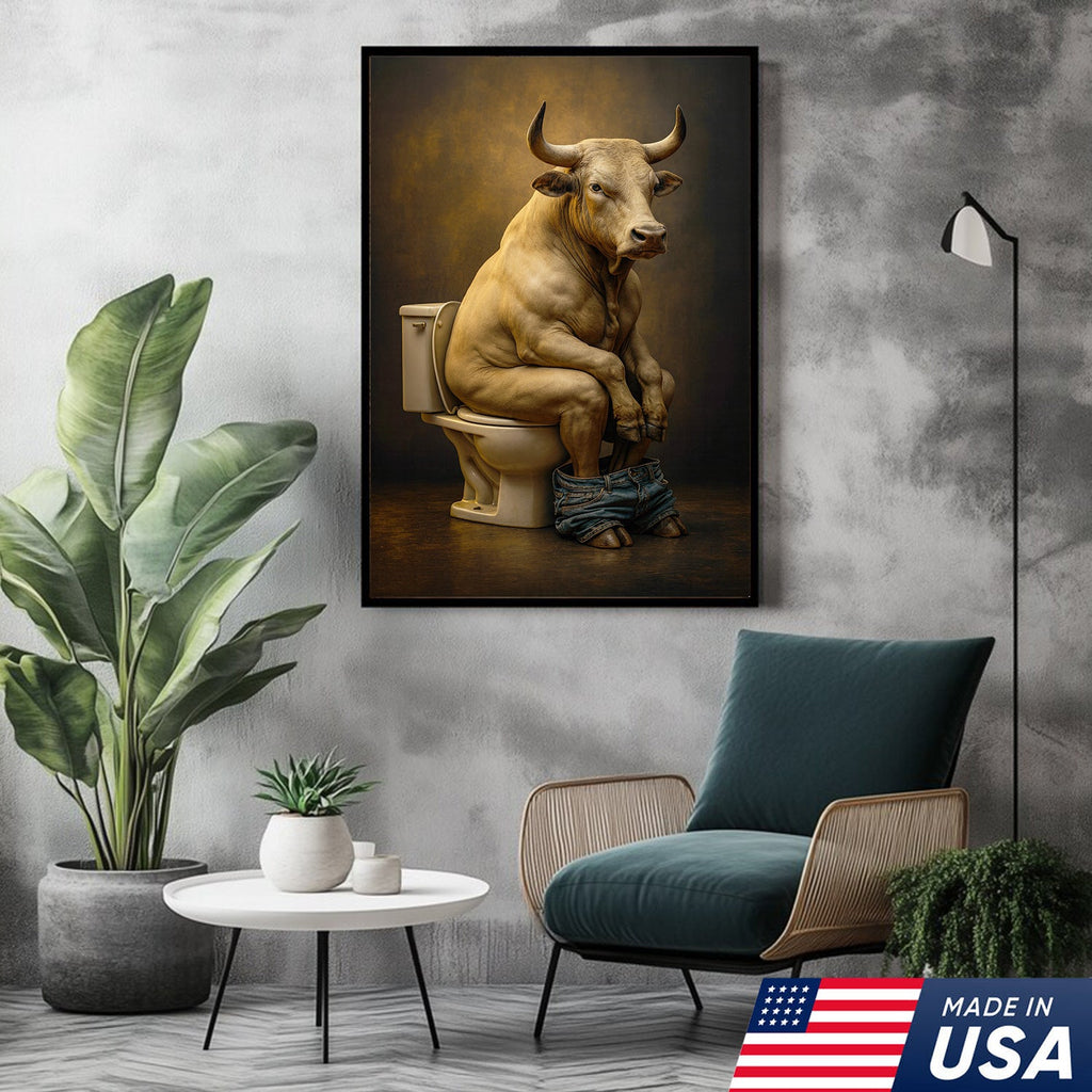 Funny Bull on Toilet Wall Art Canvas – Hilarious Farmhouse Bathroom Decor for Men & Guests