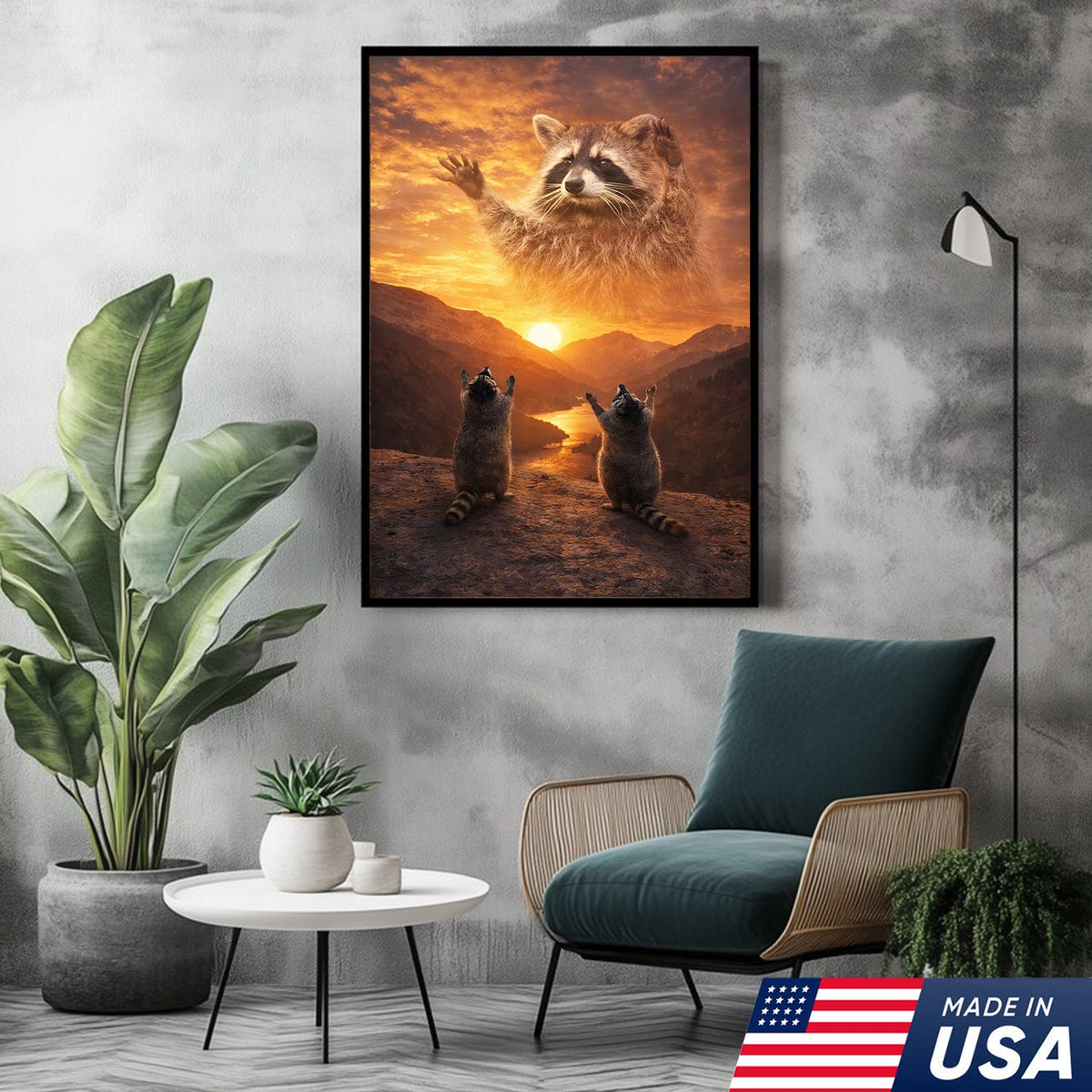 Funny Raccoon God Sunset Canvas Wall Art, Raccoon Worship Mountain Landscape