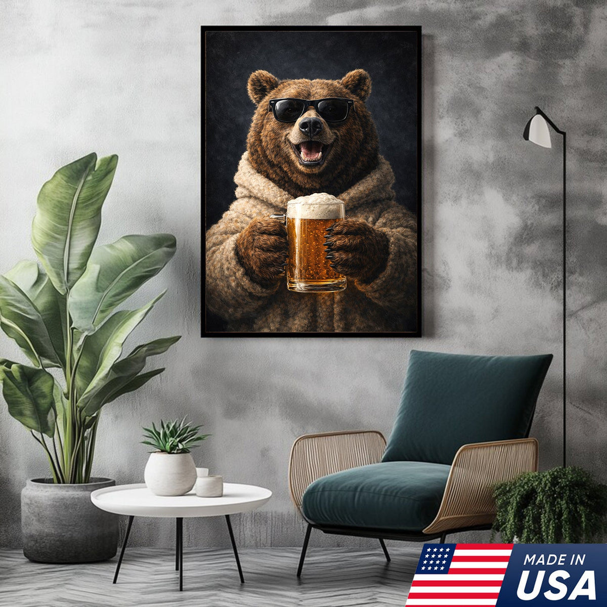 Funny Beer Bear Canvas Print Gift for Him Dad Husband Man Cave Decor