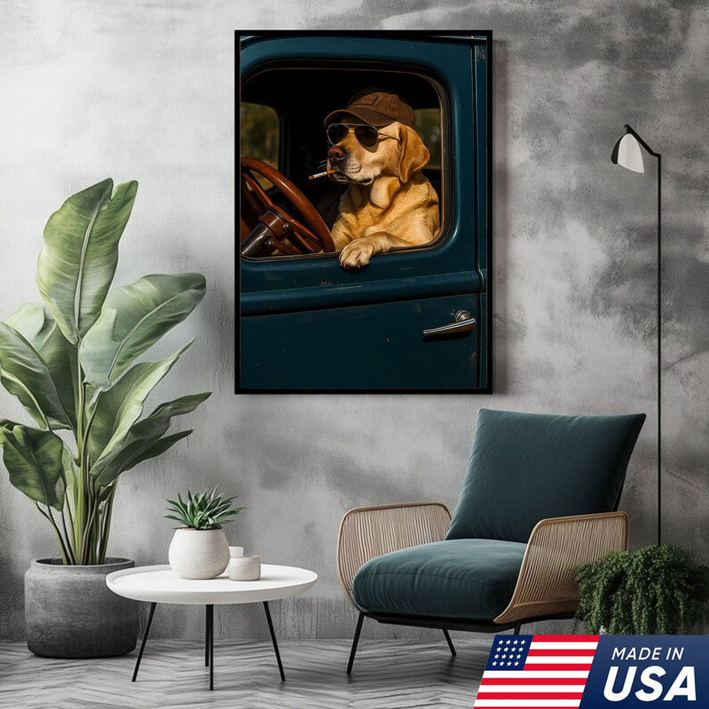 Cool Labrador Driver Canvas – Funny Country Dog Wall Art for Hunters