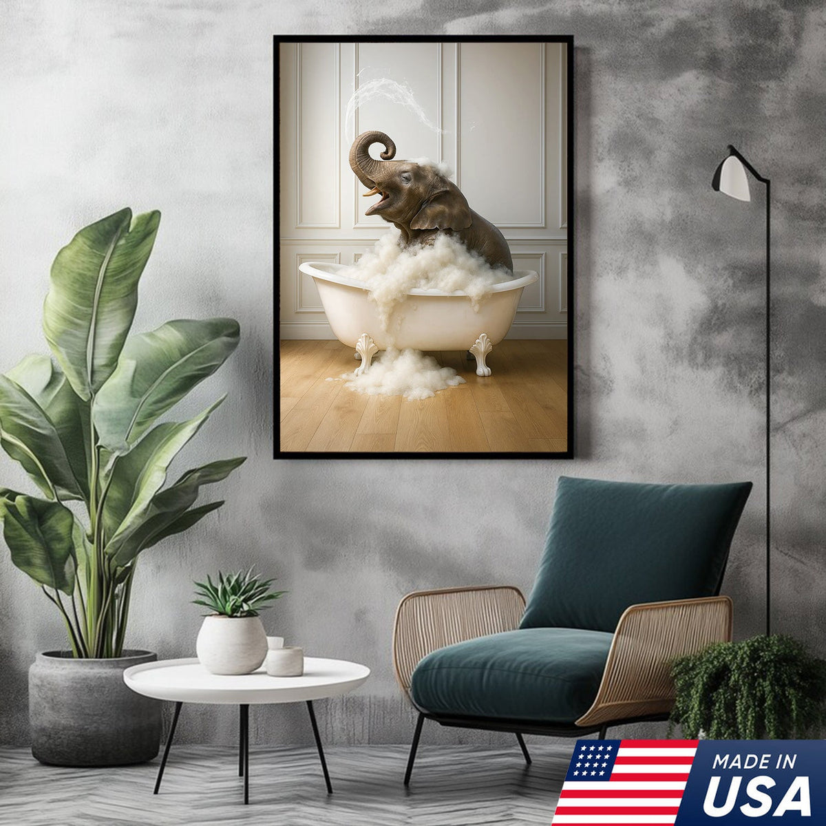 Elephant Bubble Bath Bathroom Wall Art Canvas, Funny Animal in Bathtub Bathroom Decor