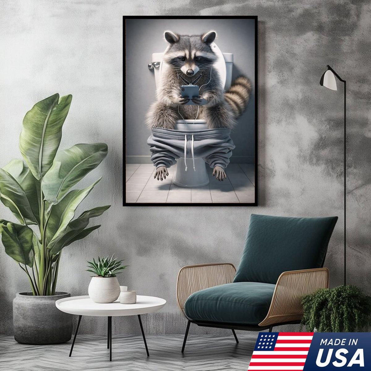 Funny Raccoon Toilet Canvas, Bathroom Humor Wall Art, Animal Decor