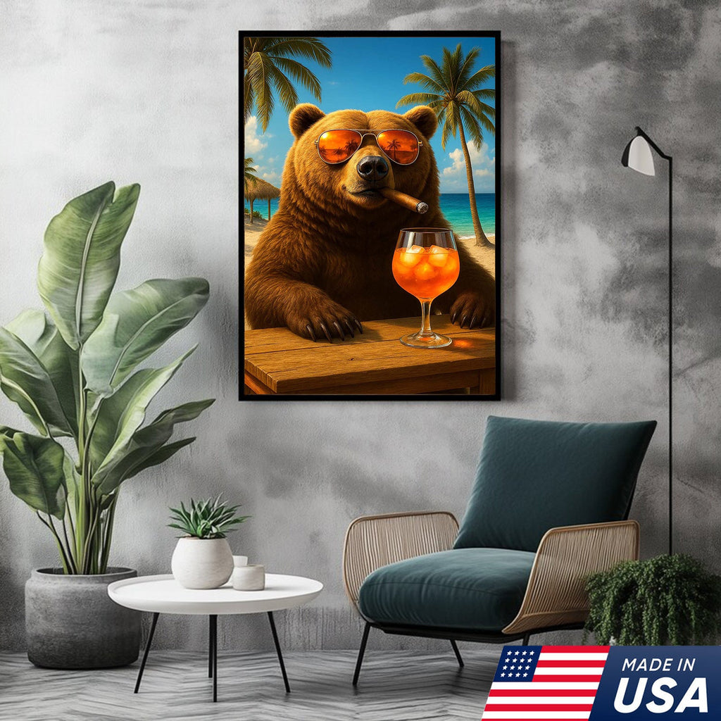 Beach Bear Wall Art Canvas, Cool Sunglasses Bear Tropical Vacation Decor