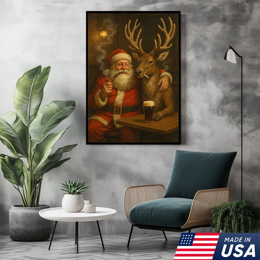 Funny Santa and Reindeer Wall Art Canvas – Rustic Christmas Lodge Decor