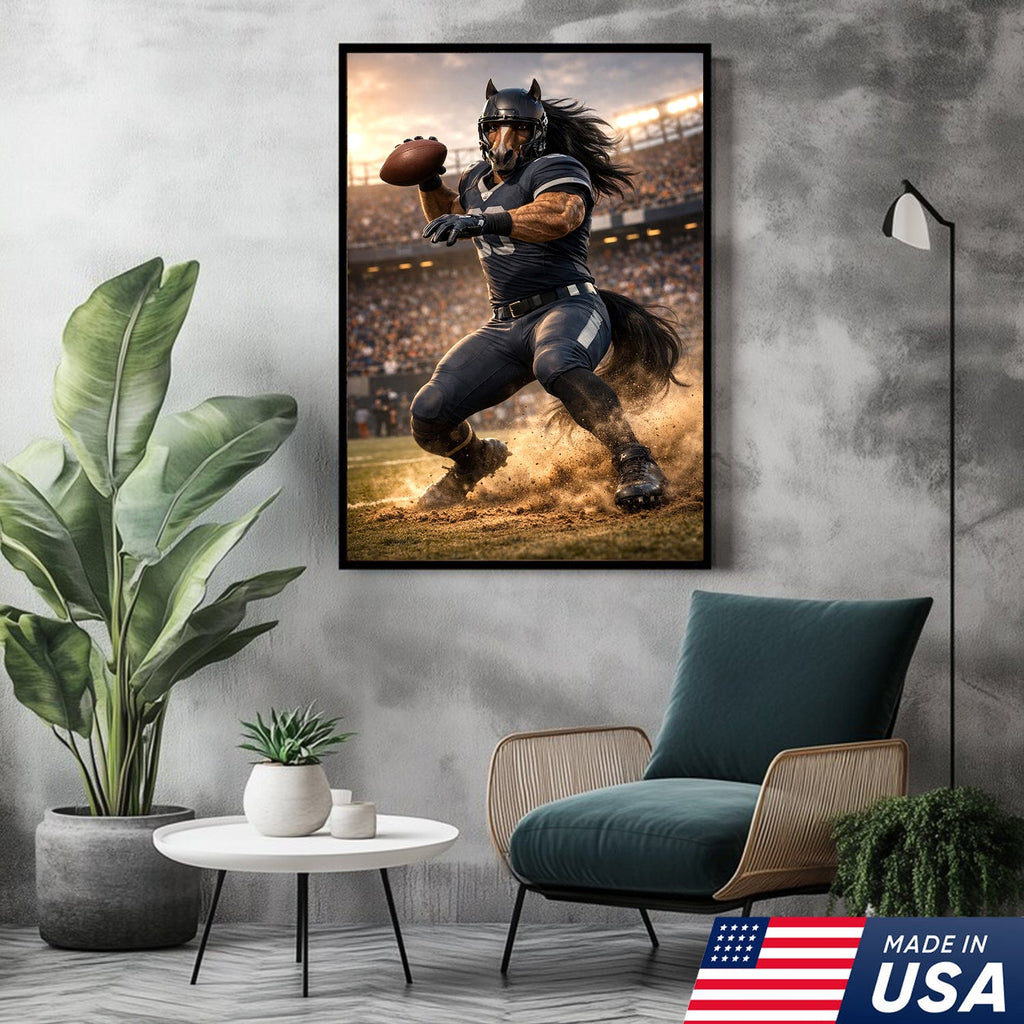 Dark Stallion Football Canvas Wall Art – Powerful Horse Athlete Stadium Action Print
