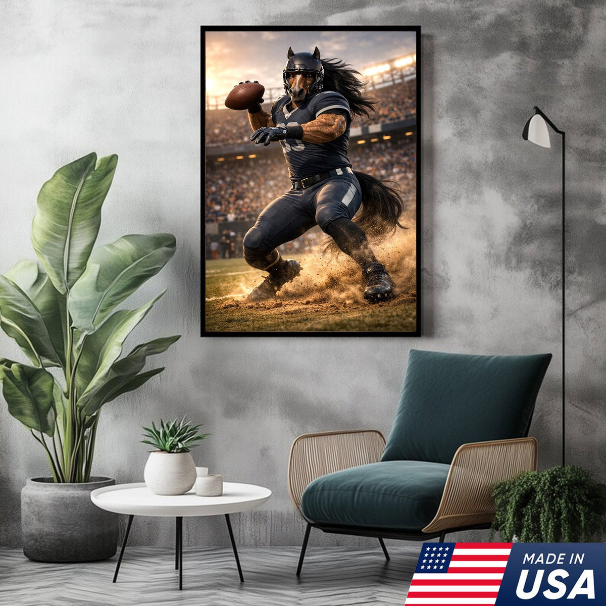 Dark Stallion Football Canvas Wall Art – Powerful Horse Athlete Stadium Action Print