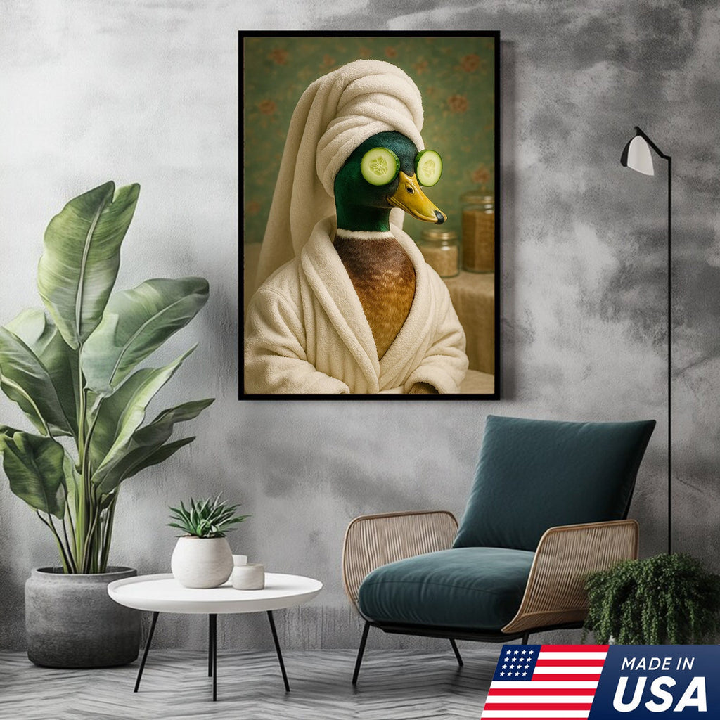 Spa Day Duck Canvas Wall Art, Funny Bathroom Spa Decor, Mallard in Robe with Cucumber Eyes