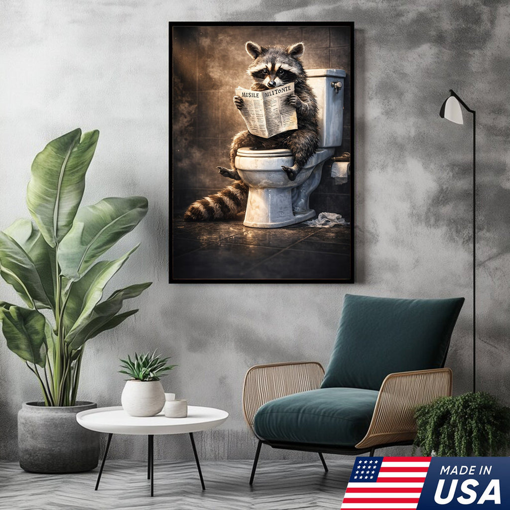 Funny Raccoon Toilet Reading Canvas – Quirky Bathroom Humor Wall Art