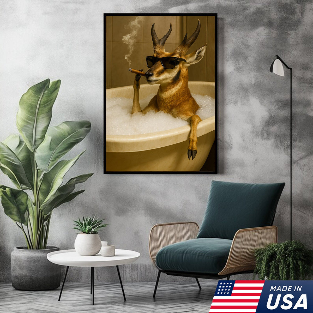 Funny Pronghorn Antelope Smoking Canvas Wall Art – Cool Bathtub & Cigar Gift for Hunters