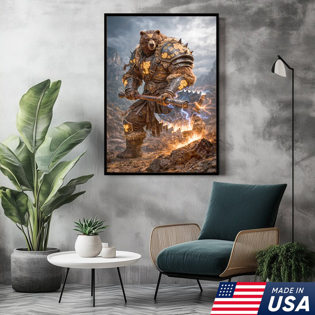 Thunder Rune Bear Canvas Wall Art – Epic Fantasy Warrior with Lightning Axe