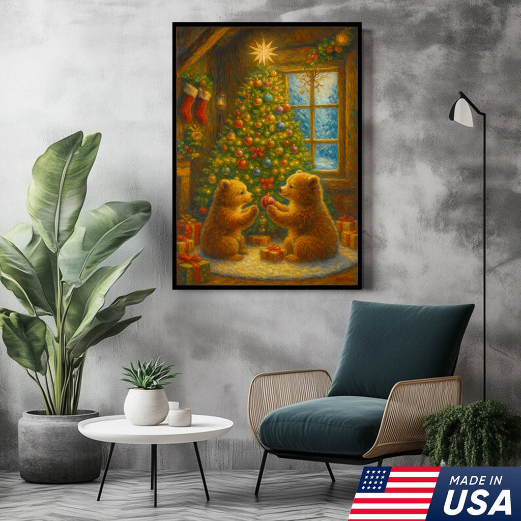 Christmas Bear Cubs Wall Art Canvas — Cozy Holiday Tree Scene, Cute Winter Animal Wall Decor