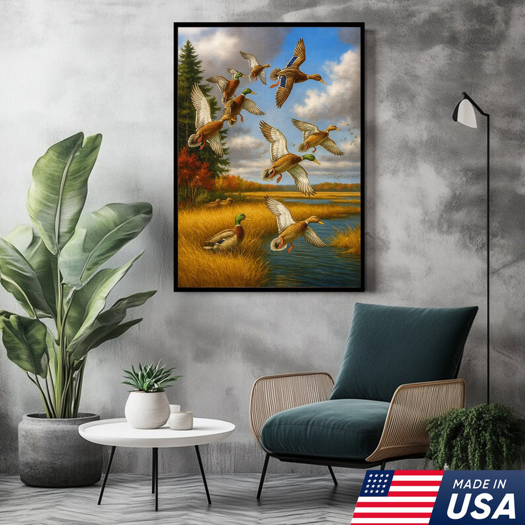Mallard Ducks Flying Wall Art Canvas – Vintage Waterfowl Hunting Scene Canvas for Outdoorsmen