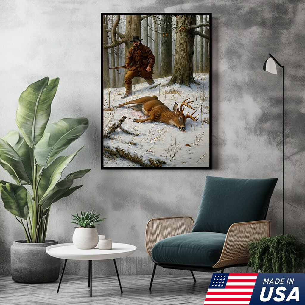 Deer Hunting Canvas Wall Art – Rustic Winter Forest Scene, Hunter with Rifle and Buck