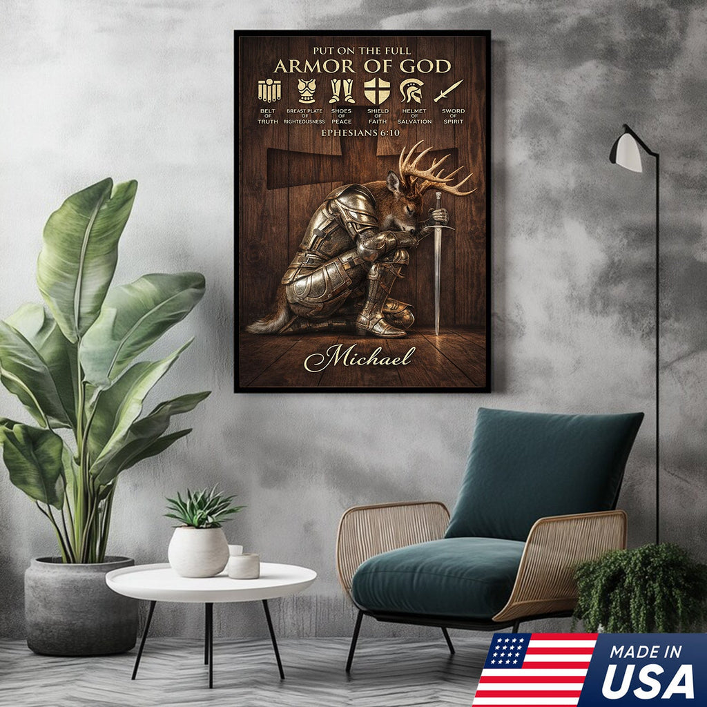Personalized Armor of God Deer Knight Canvas Wall Art, Christian Ephesians 6:10 Scripture Artwork
