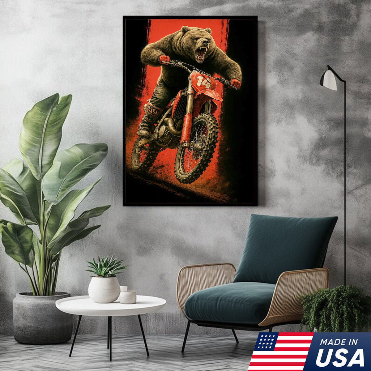 Motocross Bear Wall Art Canvas, Fierce Dirt Bike Racing Bear Print