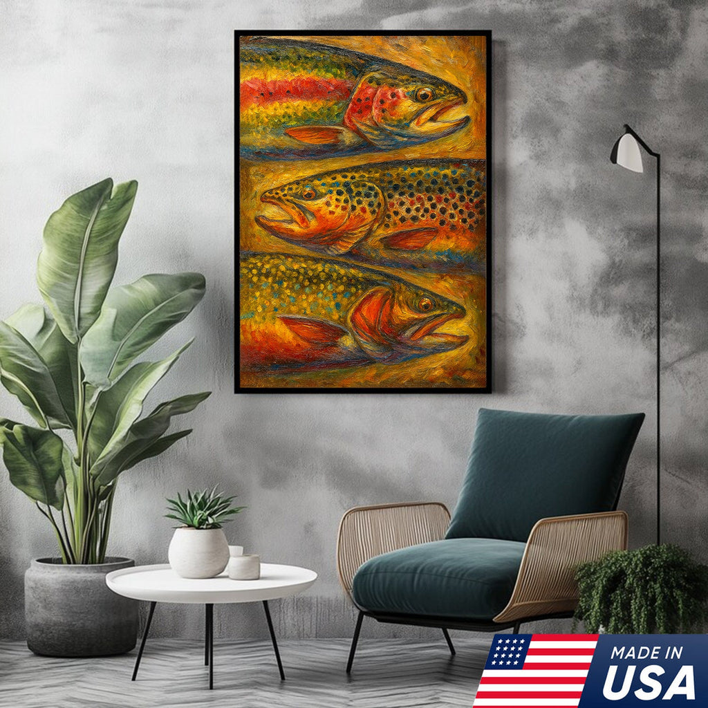 Trout Oil Painting Canvas Wall Art – Rustic Fishing Lodge Decor Gift for Anglers & Nature Lovers