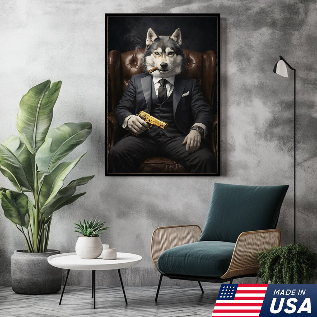 Boss Wolf Canvas Wall Art, Powerful Alpha Wolf in Suit Portrait, Luxury Animal Artwork