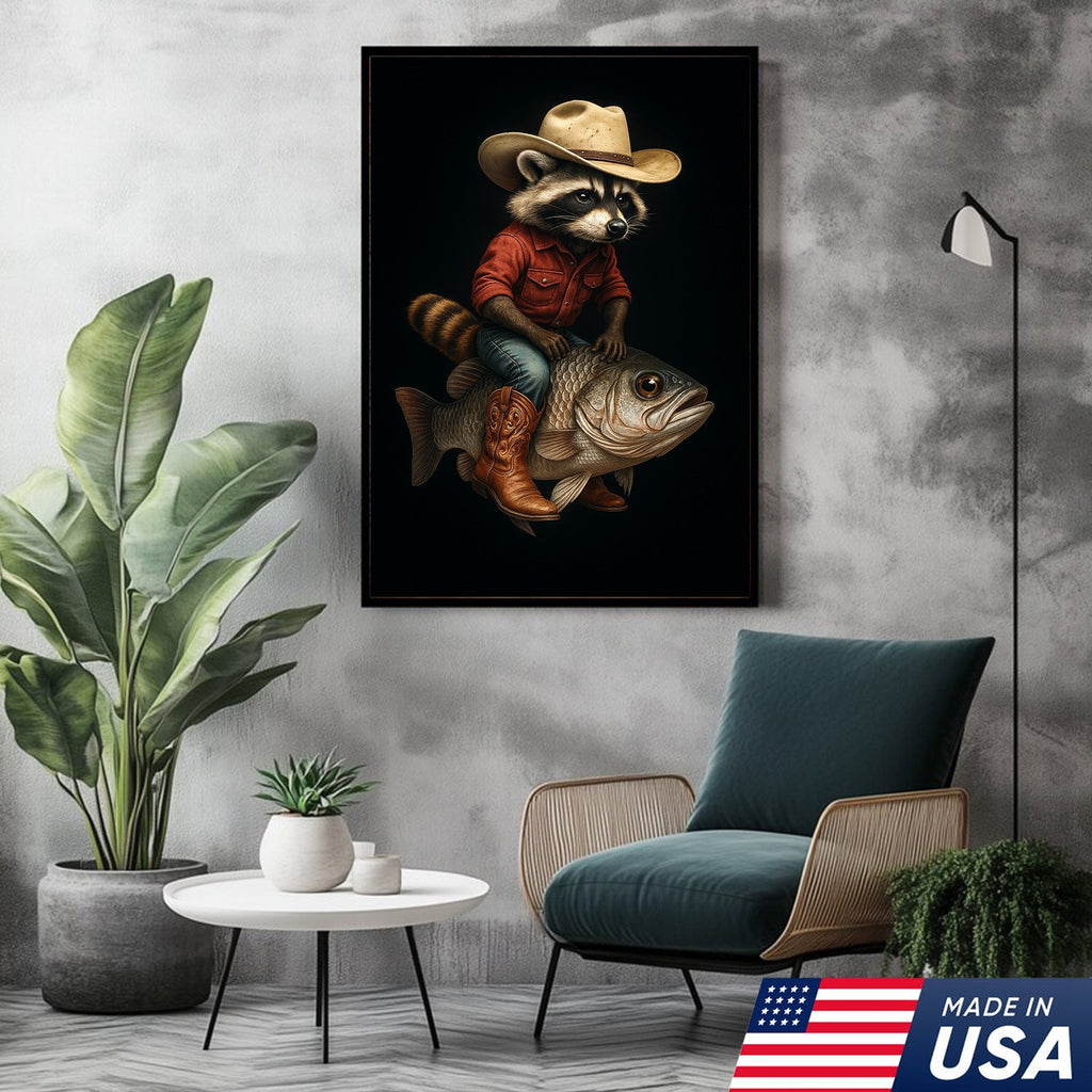 Cowboy Raccoon Riding Fish Canvas – Surreal Western Wall Art for Man Cave Decor