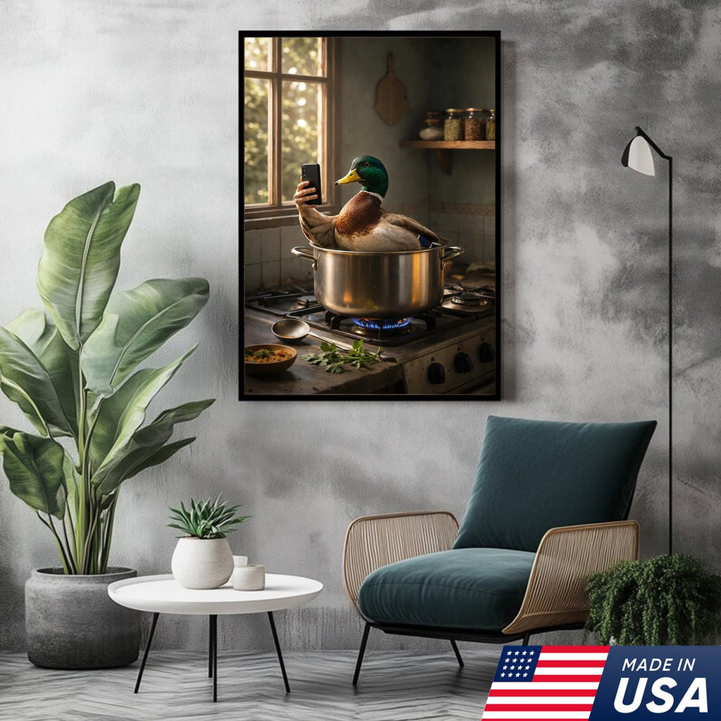 Funny Duck Cooking Selfie Canvas Wall Art, Whimsical Kitchen Animal Illustration