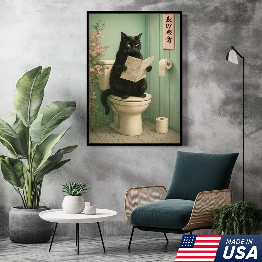 Funny Cat Bathroom Canvas Wall Art, Black Cat on Toilet Reading Newspaper