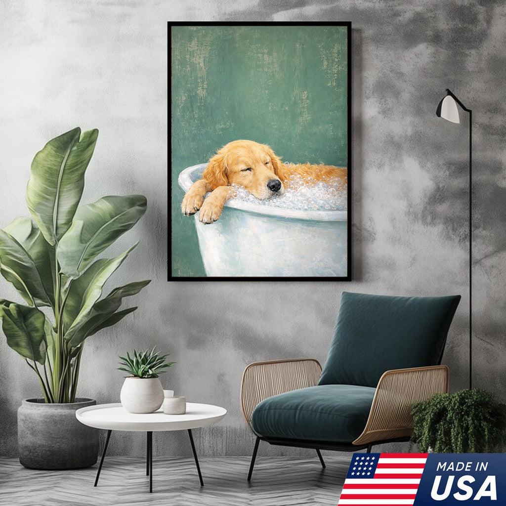 Golden Retriever Bath Canvas Wall Art, Cute Dog Bathroom Decor