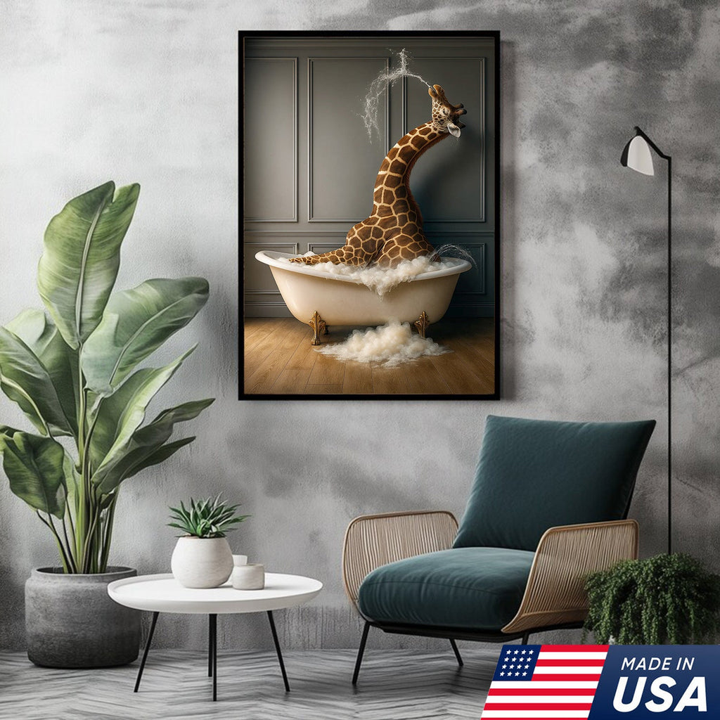 Funny Giraffe Bubble Bath Wall Art Canvas, Animals in Bathtub Kids Bathroom Decor