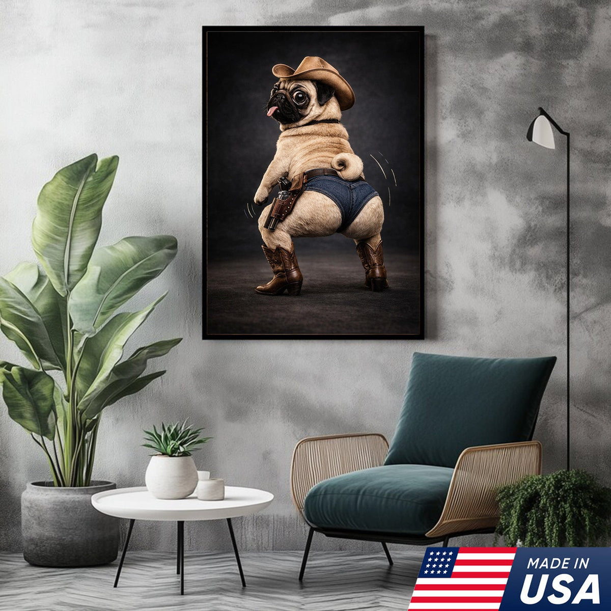 Funny Pug Canvas – Cowboy Dog Wall Art – Western Humor Decor