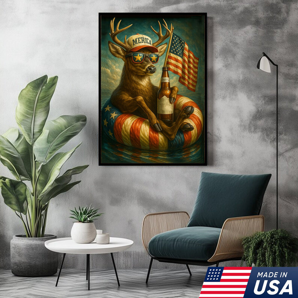 Patriotic Deer Wall Art Canvas – Funny American Flag Wall Art, Man Cave & Rustic Cabin Decor