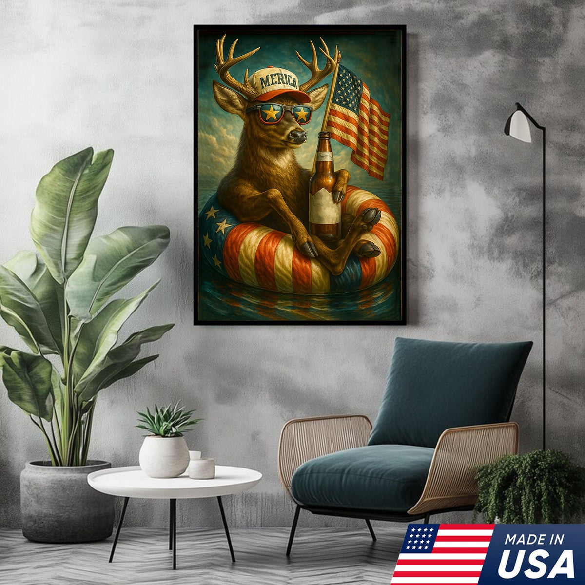 Patriotic Deer Wall Art Canvas – Funny American Flag Wall Art, Man Cave & Rustic Cabin Decor