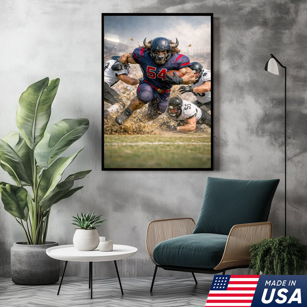 Bull Football Player Canvas Wall Art – Powerful Stadium Action Sports Print